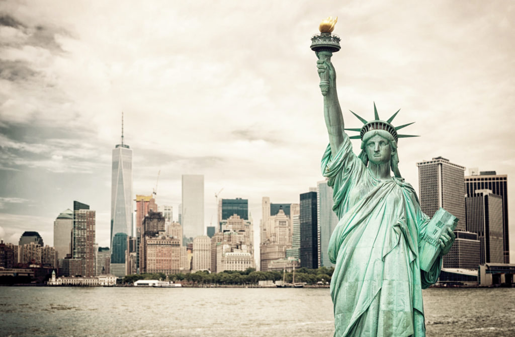 New York City and Liberty Statue, the big apple, symbol of freedom.